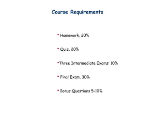 Course Requirements
 Homework, 20%
 Quiz, 20%
Three Intermediate Exams: 10%
 Final Exam, 30%
 Bonus Questions 5-10%
 