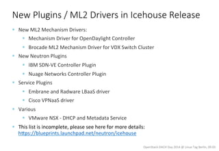 New  Plugins  /  ML2  Drivers  in  Icehouse  Release
§  New	
  ML2	
  Mechanism	
  Drivers:	
  
§  Mechanism	
  Driver	
  for	
  OpenDaylight	
  Controller	
  
§  Brocade	
  ML2	
  Mechanism	
  Driver	
  for	
  VDX	
  Switch	
  Cluster	
  
§  New	
  Neutron	
  Plugins	
  
§  IBM	
  SDN-­‐VE	
  Controller	
  Plugin	
  
§  Nuage	
  Networks	
  Controller	
  Plugin	
  
§  Service	
  Plugins	
  
§  Embrane	
  and	
  Radware	
  LBaaS	
  driver	
  
§  Cisco	
  VPNaaS	
  driver	
  
§  Various	
  
§  VMware	
  NSX	
  -­‐	
  DHCP	
  and	
  Metadata	
  Service	
  
§  This	
  list	
  is	
  incomplete,	
  please	
  see	
  here	
  for	
  more	
  details:	
  	
  
hjps://blueprints.launchpad.net/neutron/icehouse	
  
OpenStack	
  DACH	
  Day	
  2014	
  @	
  Linux	
  Tag	
  Berlin,	
  09.05	
  
 