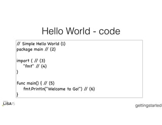 Hello World - code
// Simple Hello World (1)

package main // (2)

import ( // (3)

"fmt" // (4)

)

func main() { // (5)

fmt.Println("Welcome to Go!") // (6)

}
gettingstarted
 
