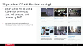 © 2017 MapR Technologies
Why combine IOT with Machine Learning?
•  Smart Cities will be using
1.39 billion connected
cars, IoT sensors, and
devices by 2020
•  http://www.cisco.com/c/en/us/solutions/
industries/smart-connected-communities.html
 