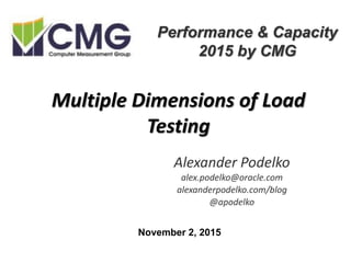 Multiple Dimensions of Load
Testing
Alexander Podelko
alex.podelko@oracle.com
alexanderpodelko.com/blog
@apodelko
Performance & Capacity
2015 by CMG
November 2, 2015
 
