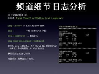 频 道细节 日志分析
 过滤频道特诊 URL
如目录 $ grep '/news/' ex120607.log | awk -f spider.awk


grep ‘/news/’ // 正则匹配 news 目录

管道 |                // 给 spider.awk 分析

awk –f spider.awk    // 执行拆分

grep ‘xxoo’ xxx.log |awk –f spider.awk

利用好 grep 正则匹配，也可用 awk 的正则区位匹配
 来获取目录或则特征 URL 的抓取情况

获得数据结果填入 excel

对比数据 , 持续监控并改善 .
 