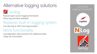 Alternative logging solutions
Serilog
Replaces built-in logging system
More functionality
Serilog
 