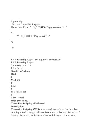 logout.php
Session Data after Logout
Username Email " . $_SESSION['appusername'] . "
" .
"" . $_SESSION['appemail'] . "
";
?>
ZAP Scanning Report for loginAuthReport.odt
ZAP Scanning Report
Summary of Alerts
Risk Level
Number of Alerts
High
2
Medium
1
Low
5
Informational
3
Alert Detail
High (Warning)
Cross Site Scripting (Reflected)
Description
Cross-site Scripting (XSS) is an attack technique that involves
echoing attacker-supplied code into a user's browser instance. A
browser instance can be a standard web browser client, or a
 