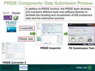 Juan A. Vizcaíno
juan@ebi.ac.uk
Mass Spectrometry and Proteomics Congress 2016
London, 15 November 2016
PRIDE Components: Data Submission Process
PRIDE Converter 2
PRIDE Inspector PX Submission Tool
mzIdentML
PRIDE XML
In addition to PRIDE Archive, the PRIDE team develops
and maintains different tools and software libraries to
facilitate the handling and visualisation of MS proteomics
data and the submission process
 