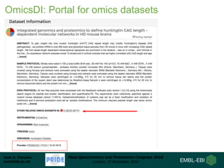 Juan A. Vizcaíno
juan@ebi.ac.uk
Mass Spectrometry and Proteomics Congress 2016
London, 15 November 2016
OmicsDI: Portal for omics datasets
 