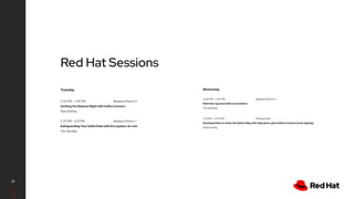 22
Tuesday
2:00 PM - 2:45 PM Breakout Room 4
Getting the Balance Right with Kafka Connect
Kate Stanley
5:30 PM - 6:15 PM Breakout Room 7
Safeguarding Your Kafka Data with Encryption-at-rest
Tom Bentley
Red Hat Sessions
Wednesday
2:00 PM - 2:45 PM Breakout Room 3
Meet the Apache Kafka Committers
Tom Bentley
2:15 PM - 3:00 PM Meetup Hub
Running Kafka on Kube the Native Way with Operators (plus Kafka Connect book signing)
Kate Stanley
 