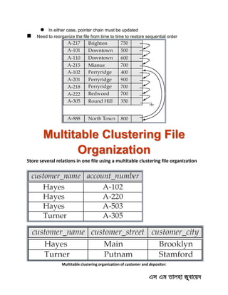  In either case, pointer chain must be updated
 Need to reorganize the file from time to time to restore sequential order
Multitable Clustering File
Organization
Store several relations in one file using a multitable clustering file organization
Multitable clustering organization of customer and depositor:
 