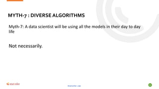 MYTH-7 : DIVERSE ALGORITHMS
Myth-7: A data scientist will be using all the models in their day to day
life
Not necessarily.
Statinfer.com
61
 