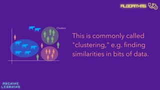 M A C H I N E  
L E A R N I N G
Algorithms
This is commonly called
"clustering," e.g. ﬁnding
similarities in bits of data.
Clusters
 