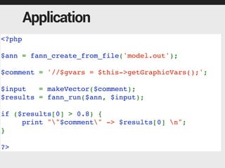 Application
<?php  
$ann = fann_create_from_file('model.out');  
$comment = '//$gvars = $this->getGraphicVars();'; 
$input   = makeVector($comment); 
$results = fann_run($ann, $input);  
if ($results[0] > 0.8) { 
     print ""$comment" -> $results[0] n";  
}  
?>
 