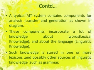 Contd…A typical MT system contains components for analysis ,transfer and generation as shown in diagram.These components incorporate a lot of knowledge about words(Lexical Knowledge), and about the language (LinguisticKnowledge).Suchknowledgeisstored in one or more lexicons ,and possiblyother sources of linguisticknowledge ,such as grammar.  13