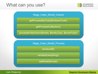 What can you use?Magento Developers MeetupMage_Index_Model_IndexergetProcessByCode($indexerCode)getProcessCollection()processEntityAction($entity, $entityType, $eventType)Mage_Index_Model_ProcessreindexAll()reindexEverything()setMode($mode)