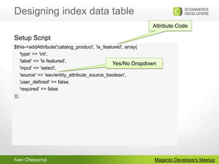 Designing index data tableMagento Developers Meetup$this->addAttribute('catalog_product', 'is_featured', array(    'type' => 'int',    'label' => 'Is featured',    'input' => 'select',    'source' => 'eav/entity_attribute_source_boolean',    'user_defined' => false,    'required' => false));Setup ScriptAttribute Code Yes/No Dropdown