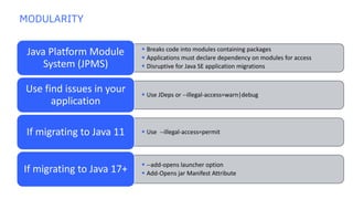 § Breaks code into modules containing packages
§ Applications must declare dependency on modules for access
§ Disruptive for Java SE application migrations
Java Platform Module
System (JPMS)
§ Use JDeps or --illegal-access=warn|debug
Use find issues in your
application
§ Use --illegal-access=permit
If migrating to Java 11
§ --add-opens launcher option
§ Add-Opens jar Manifest Attribute
If migrating to Java 17+
MODULARITY
 