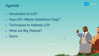 Agenda
● Introduction to LDV
● How LDV Affects Salesforce Orgs?
● Techniques to Address LDV
● What are Big Objects?
● Demo
 