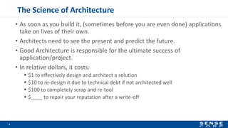 The Science of Architecture
• As soon as you build it, (sometimes before you are even done) applications
take on lives of their own.
• Architects need to see the present and predict the future.
• Good Architecture is responsible for the ultimate success of
application/project.
• In relative dollars, it costs:
 $1 to effectively design and architect a solution
 $10 to re-design it due to technical debt if not architected well
 $100 to completely scrap and re-tool
 $____ to repair your reputation after a write-off
4
 