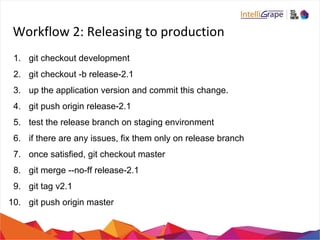 Workflow 2: Releasing to production
1. git checkout development
2. git checkout -b release-2.1
3. up the application version and commit this change.
4. git push origin release-2.1
5. test the release branch on staging environment
6. if there are any issues, fix them only on release branch
7. once satisfied, git checkout master
8. git merge --no-ff release-2.1
9. git tag v2.1
10. git push origin master
 