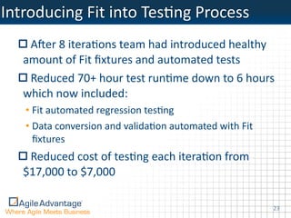 Introducing	
  Fit	
  into	
  TesOng	
  Process
     AHer	
  8	
  iteraOons	
  team	
  had	
  introduced	
  healthy	
  
    amount	
  of	
  Fit	
  ﬁxtures	
  and	
  automated	
  tests
     Reduced	
  70+	
  hour	
  test	
  runOme	
  down	
  to	
  6	
  hours	
  
    which	
  now	
  included:
    • Fit	
  automated	
  regression	
  tesOng	
  
    • Data	
  conversion	
  and	
  validaOon	
  automated	
  with	
  Fit	
  
      ﬁxtures	
  
     Reduced	
  cost	
  of	
  tesOng	
  each	
  iteraOon	
  from	
  
    $17,000	
  to	
  $7,000

                                                                               23
 