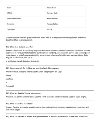 Sales Satish Mane
NULL Suchitra Shah
Human Resources Ashok Pandey
Accounts Nayana Jadhav
Operations NULL
Full join in above scenario gives information about Who is an employee without department and which
department has no employee in it.
451) What Java Script is used for?
Answer: JavaScript is a scripting language which was primarily used for form level validation, but has
been used in various other areas like DOM element handling, visualization, server side scripting and
online exams to verifyAnswers selected by students, and other JavaScript libraries such as JQuery, Dojo,
Angular JS, MooTools, and D3 .js
In unit testing namely Jasmine, Mocha etc.
452) Name some of the JS libraries used in client side programs
Answer: Various JavaScript libraries used in Client side programs are Dojo
jQuery
MooTools
js
AngularJS
453) What are Apache Tomcat components
Answer: It has Servlet container called Catalina, HTTP connector called Coyote and Jasper is a JSP engine.
454) What is Catalina inTomcat?
Answer: Catalina is tomcat’s servlet container that implements microsystem specifications for servlets and
java server pages
455) what can be used to handle multiple elements, in absence of Collection classes and interfaces?
 