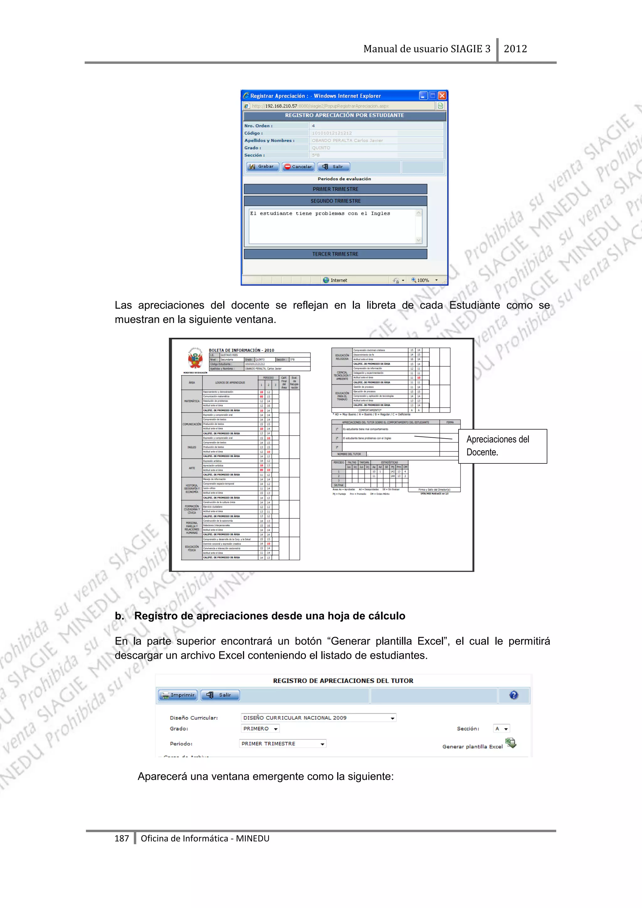 Manual de usuario SIAGIE 3     2012




Las apreciaciones del docente se reflejan en la libreta de cada Estudiante como se
muestran en la siguiente ventana.




                                                                       Apreciaciones del
                                                                       Docente.




b. Registro de apreciaciones desde una hoja de cálculo

En la parte superior encontrará un botón “Generar plantilla Excel”, el cual le permitirá
descargar un archivo Excel conteniendo el listado de estudiantes.




      Aparecerá una ventana emergente como la siguiente:




187   Oficina de Informática - MINEDU
 