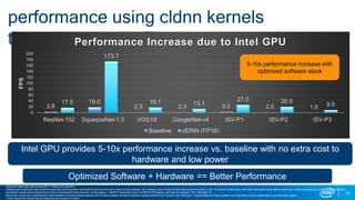 10
performance using cldnn kernels
through openvino™
3.8
19.0
2.3 2.3 3.0 2.0 1.0
17.5
173.7
18.1 13.1
27.0 20.5
9.9
0
20
40
60
80
100
120
140
160
180
200
ResNet-152 SqueezeNet-1.0 VGG19 GoogleNet-v4 ISV-P1 ISV-P2 ISV-P3
FPS
Performance Increase due to Intel GPU
Baseline clDNN (FP16)
5-10x performance increase with
optimized software stack
Optimized Software + Hardware == Better Performance
Intel GPU provides 5-10x performance increase vs. baseline with no extra cost to
hardware and low power
Standard image input used as describe in “state of art algorithm”.
Software and workloads used in performance tests may have been optimized for performance only on Intel microprocessors.. Any change to any of those factors may cause the results to vary. You should consult other information and performance tests to assist you in fully evaluating your contemplated purchases,
including the performance of that product when combined with other products. Configurations: - Intel® 6th Generation Core i7-6700 CPU Processor with Intel HD Graphics. OS : Windows* 10
Benchmark results were obtained post implementation of recent software patches and firmware updates intended to address exploits referred to as “Spectre” and “Meltdown.” Implementation of these updates may make these results inapplicable to your device or system.
*Other names and brands may be claimed as the property of others.
 