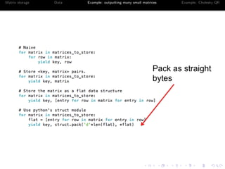 Matrix storage Data Example: outputting many small matrices Example: Cholesky QR 
 
