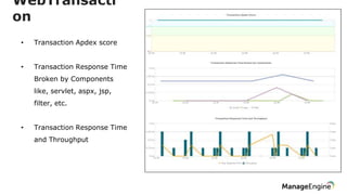 WebTransacti
on
• Transaction Apdex score
• Transaction Response Time
Broken by Components
like, servlet, aspx, jsp,
filter, etc.
• Transaction Response Time
and Throughput
 