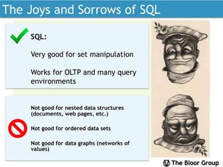 The Bloor Group
The Joys and Sorrows of SQL
SQL:
Very good for set manipulation
Works for OLTP and many query
environments
Not good for nested data structures
(documents, web pages, etc.)
Not good for ordered data sets
Not good for data graphs (networks of
values)
 