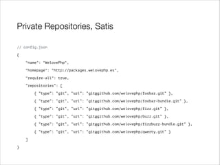 Private Repositories, Satis
// config.json
{
"name": "WelovePhp",
"homepage": "http://packages.welovephp.es",
"require-all": true,
“repositories”: [
{ “type”: “git”, “url”: “git@github.com/welovephp/foobar.git” },
{ “type”: “git”, “url”: “git@github.com/welovephp/foobar-bundle.git” },
{ “type”: “git”, “url”: “git@github.com/welovephp/fizz.git” },
{ “type”: “git”, “url”: “git@github.com/welovephp/buzz.git” },
{ “type”: “git”, “url”: “git@github.com/welovephp/fizzbuzz-bundle.git” },
{ “type”: “git”, “url”: “git@github.com/welovephp/qwerty.git” }
]
}

 