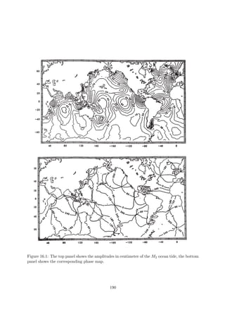 Figure 16.1: The top panel shows the amplitudes in centimeter of the M2 ocean tide, the bottom
panel shows the corresponding phase map.
190
 