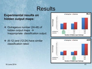 Results
18 June 2014 41
MLC
ADS
Experimental results on
hidden output maps:
 Outrageous number (24-48) of
hidden output maps 
Inappropriate classification output.
 (6-12) and (12-24) have similar
classification rates!
 