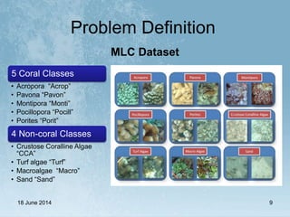 18 June 2014 9
5 Coral Classes
• Acropora “Acrop”
• Pavona “Pavon”
• Montipora “Monti”
• Pocillopora “Pocill”
• Porites “Porit”
4 Non-coral Classes
• Crustose Coralline Algae
“CCA”
• Turf algae “Turf”
• Macroalgae “Macro”
• Sand “Sand”
MLC Dataset
Problem Definition
 