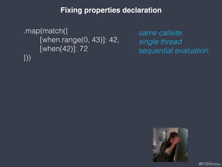 @FGRibreau
Fixing properties declaration
.map(match({
[when.range(0, 43)]: 42,
[when(42)]: 72
}))
- same callsite
- single thread
- sequential evaluation
 