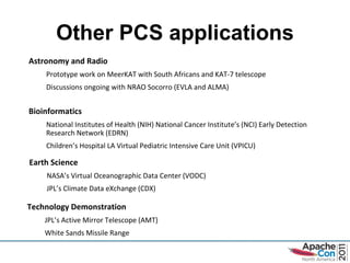 Other PCS applications Bioinformatics National Institutes of Health (NIH) National Cancer Institute ’s (NCI) Early Detection Research Network (EDRN) Children ’s Hospital LA Virtual Pediatric Intensive Care Unit (VPICU) Technology Demonstration JPL ’s Active Mirror Telescope (AMT) White Sands Missile Range Earth Science NASA ’s Virtual Oceanographic Data Center (VODC) JPL ’s Climate Data eXchange (CDX) Astronomy and Radio Prototype work on MeerKAT with South Africans and KAT-7 telescope Discussions ongoing with NRAO Socorro (EVLA and ALMA) 
