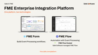 One platform, two technologies
FME Form FME Flow
Build Event Processing workﬂows.
Automation with Event Processing
FME Flow Hosted
Safe Software managed FME Flow
fme.safe.com/platform
FME Enterprise Integration Platform
Safe & FME
 