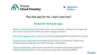“Run this app for me, I don’t care how”
Platform build containers The platform takes care of container creation and management
from source code. Pivotal makes sure they’re always up-to-date.
Out-of-box logging, metrics, tracing and monitoring. No additional configuration required.
Create services on demand On-demand service brokers allow dynamic creation and
binding of service dependencies, offered through a marketplace.
Fully automated Ops. State-of-art automation for consistent and reliable operations.
Pipeline-based deployment, scale, patching and upgrades. Powered by BOSH
Perfect for 12-Factor apps
Application
Platform
 