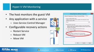 Hyper-V VM Monitoring

• The host monitors the guest VM
• Any application with a service
   – Uses Service Control Manager
• Configurable recovery actions
   – Restart Service
   – Reboot VM
   – Move VM
 