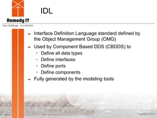 IDL
Interface Definition Language standard defined by
the Object Management Group (OMG)
Used by Component Based DDS (CBDDS) to
• Define all data types
• Define interfaces
• Define ports
• Define components
Fully generated by the modeling tools
8 Copyright © 2013
 