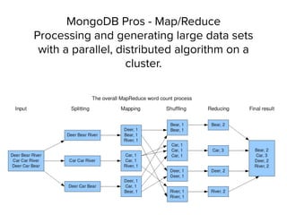 MongoDB Pros - Map/Reduce 
Processing and generating large data sets
with a parallel, distributed algorithm on a
cluster. 
 