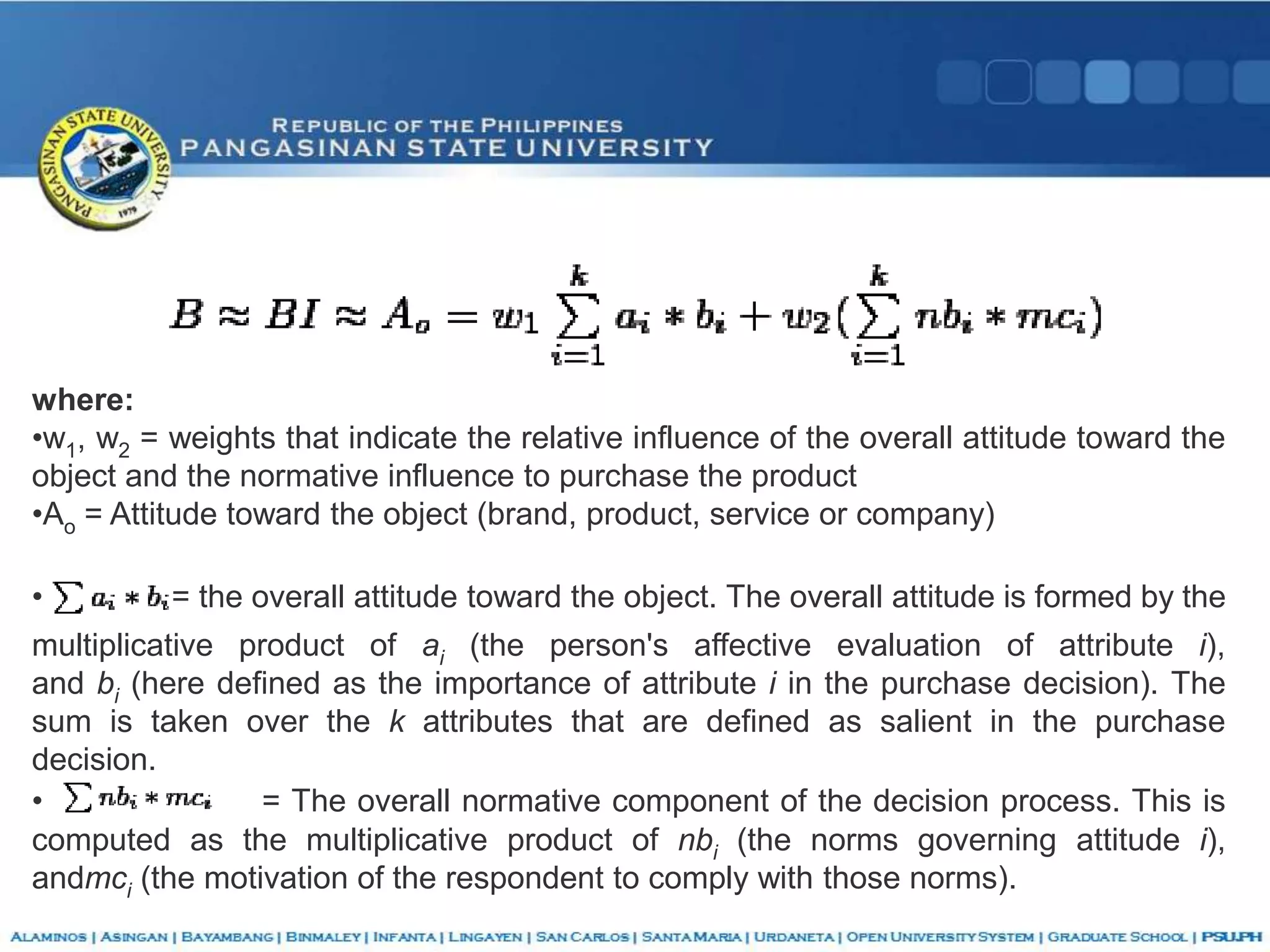 where:
•w1, w2 = weights that indicate the relative influence of the overall attitude toward the
object and the normative influence to purchase the product
•Ao = Attitude toward the object (brand, product, service or company)

•         = the overall attitude toward the object. The overall attitude is formed by the
multiplicative product of ai (the person's affective evaluation of attribute i),
and bi (here defined as the importance of attribute i in the purchase decision). The
sum is taken over the k attributes that are defined as salient in the purchase
decision.
•                = The overall normative component of the decision process. This is
computed as the multiplicative product of nbi (the norms governing attitude i),
andmci (the motivation of the respondent to comply with those norms).
 