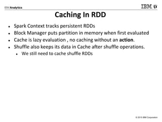 © 2015 IBM Corporation
Caching In RDD
 Spark Context tracks persistent RDDs
 Block Manager puts partition in memory when first evaluated
 Cache is lazy evaluation , no caching without an action.
 Shuffle also keeps its data in Cache after shuffle operations.
 We still need to cache shuffle RDDs
 