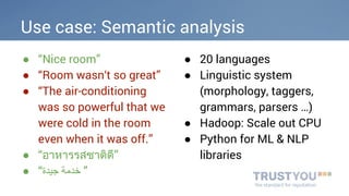 Use case: Semantic analysis 
● “Nice room” 
● “Room wasn‘t so great” 
● “The air-conditioning 
was so powerful that we 
were cold in the room 
even when it was off.” 
● “อาหารรสชาติดี” 
● “ ” خدمة جیدة 
● 20 languages 
● Linguistic system 
(morphology, taggers, 
grammars, parsers …) 
● Hadoop: Scale out CPU 
● Python for ML & NLP 
libraries 
 