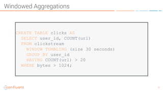 8
CREATE TABLE clicks AS
SELECT user_id, COUNT(url)
FROM clickstream
WINDOW TUMBLING (size 30 seconds)
GROUP BY user_id
HAVING COUNT(url) > 20
WHERE bytes > 1024;
Windowed Aggregations
 
