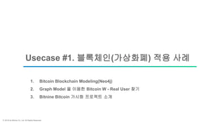 ⓒ 2018 by Bitnine Co, Ltd. All Rights Reserved.
Usecase #1. 블록체인(가상화폐) 적용 사례
1. Bitcoin Blockchain Modeling(Neo4j)
2. Graph Model 을 이용한 Bitcoin W - Real User 찾기
3. Bitnine Bitcoin 가시화 프로젝트 소개
 