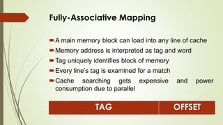 Fully-Associative Mapping
A main memory block can load into any line of cache
Memory address is interpreted as tag and word
Tag uniquely identifies block of memory
Every line’s tag is examined for a match
Cache searching gets expensive and power
consumption due to parallel
TAG OFFSET
 