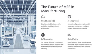 The Future of MES in
Manufacturing
Cloud-Based MES
Cloud-based MES solutions offer
scalability, flexibility, and cost-
effectiveness.
AI Integration
Artificial intelligence is enabling MES
systems to provide more intelligent
insights and predictive analytics.
IoT Integration
The Internet of Things is connecting
machines and devices, providing real-
time data for improved operational
efficiency.
Digital Twins
Digital twins are virtual representations
of physical assets, providing insights for
predictive maintenance and optimized
performance.
 