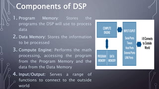 Components of DSP
1. Program Memory: Stores the
programs the DSP will use to process
data
2. Data Memory: Stores the information
to be processed
3. Compute Engine: Performs the math
processing, accessing the program
from the Program Memory and the
data from the Data Memory
4. Input/Output: Serves a range of
functions to connect to the outside
world
 