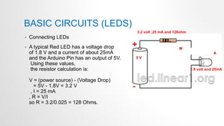 BASIC CIRCUITS (LEDS)
• Connecting LEDs
• A typical Red LED has a voltage drop
of 1.8 V and a current of about 25mA
and the Arduino Pin has an output of 5V.
Using these values,
the resistor calculation is:
V = (power source) - (Voltage Drop)
= 5V - 1.8V = 3.2 V
, I = 25 mA
, R = V/I
so R = 3.2/0.025 = 128 Ohms.
3.2 volt ,25 mA and 128ohm
1.8 volt and 25mA
 